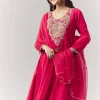 Pink Zardosi Sweetheart Anarkali Pant Set With Dupatta