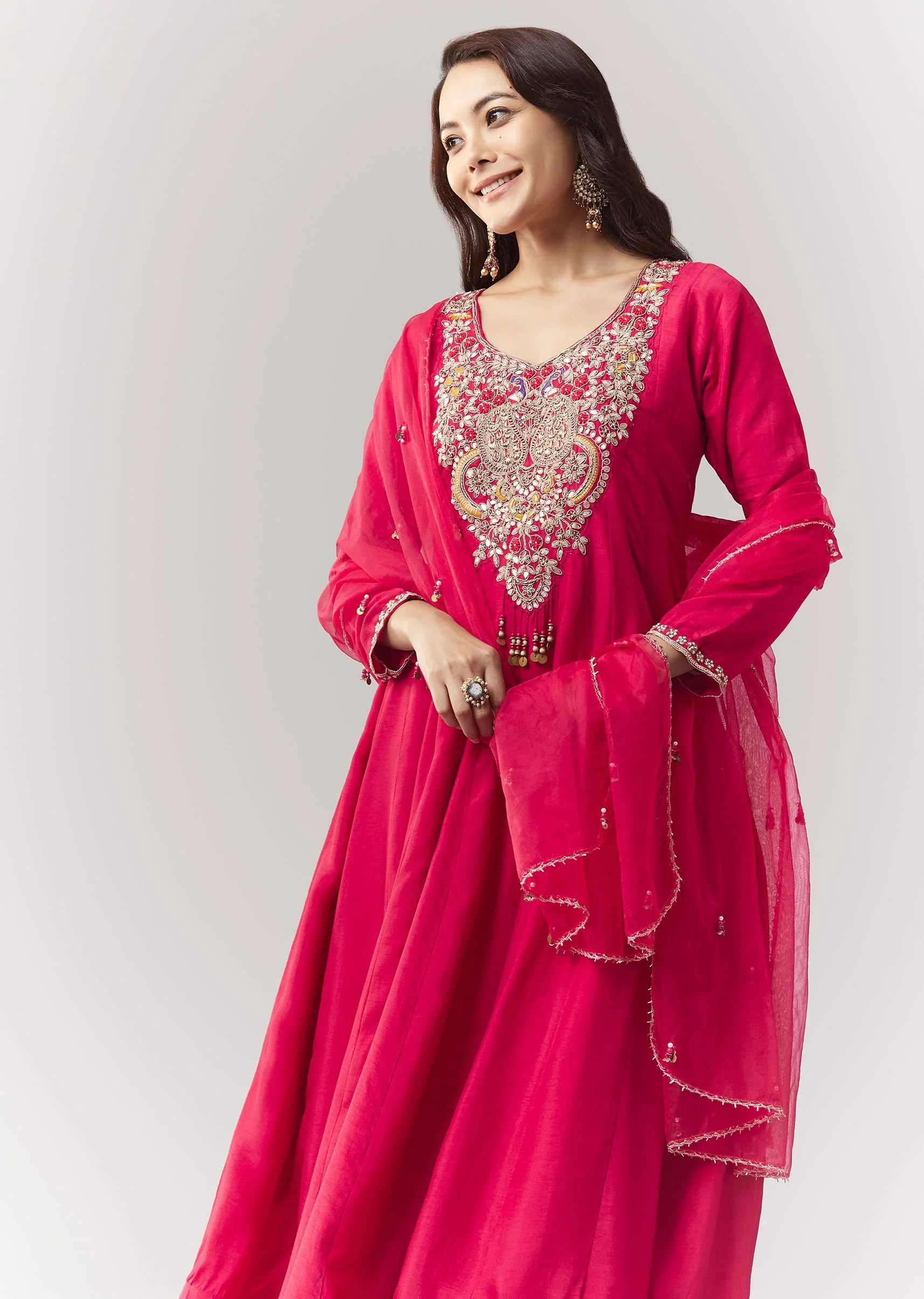 Pink Zardosi Sweetheart Anarkali Pant Set With Dupatta