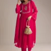 Pink Chinon Anarkali Suit With Zari Work