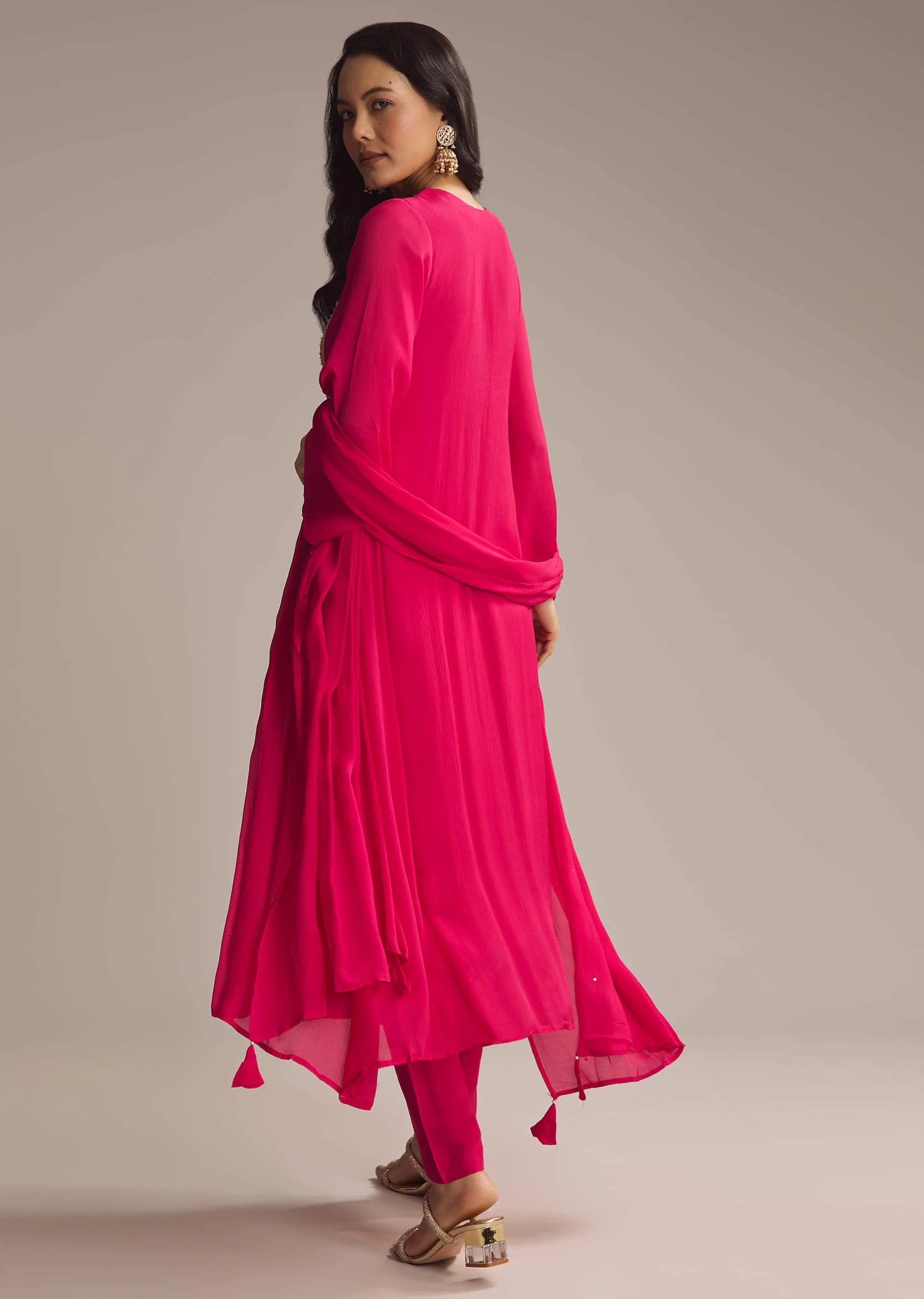 Pink Chinon Anarkali Suit With Zari Work