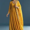 Mustard Chinon Anarkali Suit With Zardosi Work Dupatta