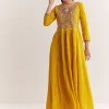 Yellow Dola Silk Gown With Embroidery