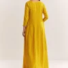 Yellow Dola Silk Gown With Embroidery
