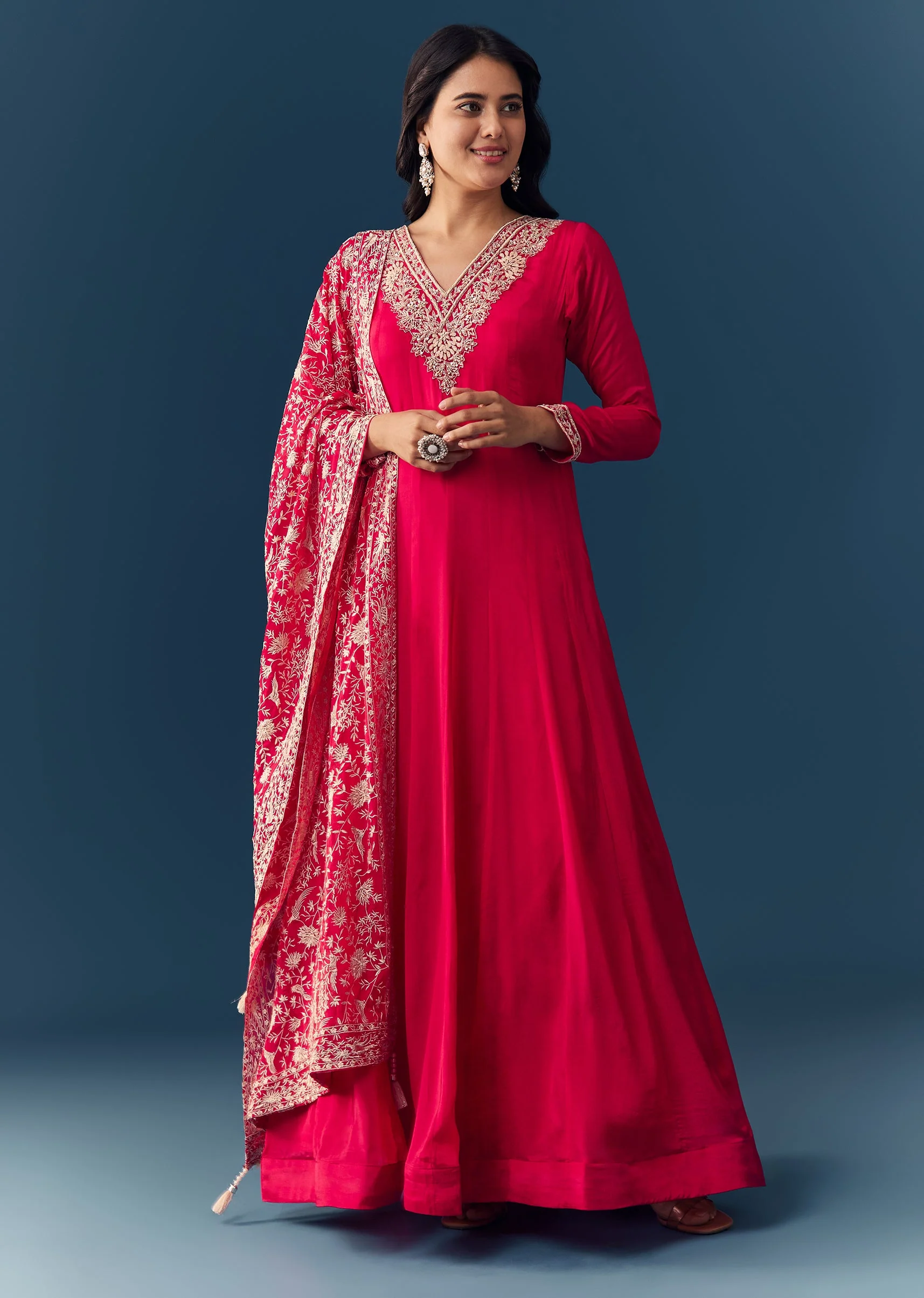 Hot Pink Thread Embroidered Anarkali with Dupatta