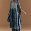 Blue Cotton Embroidered Anarkali Suit With Floral And Paisley Print