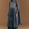 Blue Cotton Embroidered Anarkali Suit With Floral And Paisley Print
