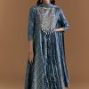 Blue Cotton Embroidered Anarkali Suit With Floral And Paisley Print