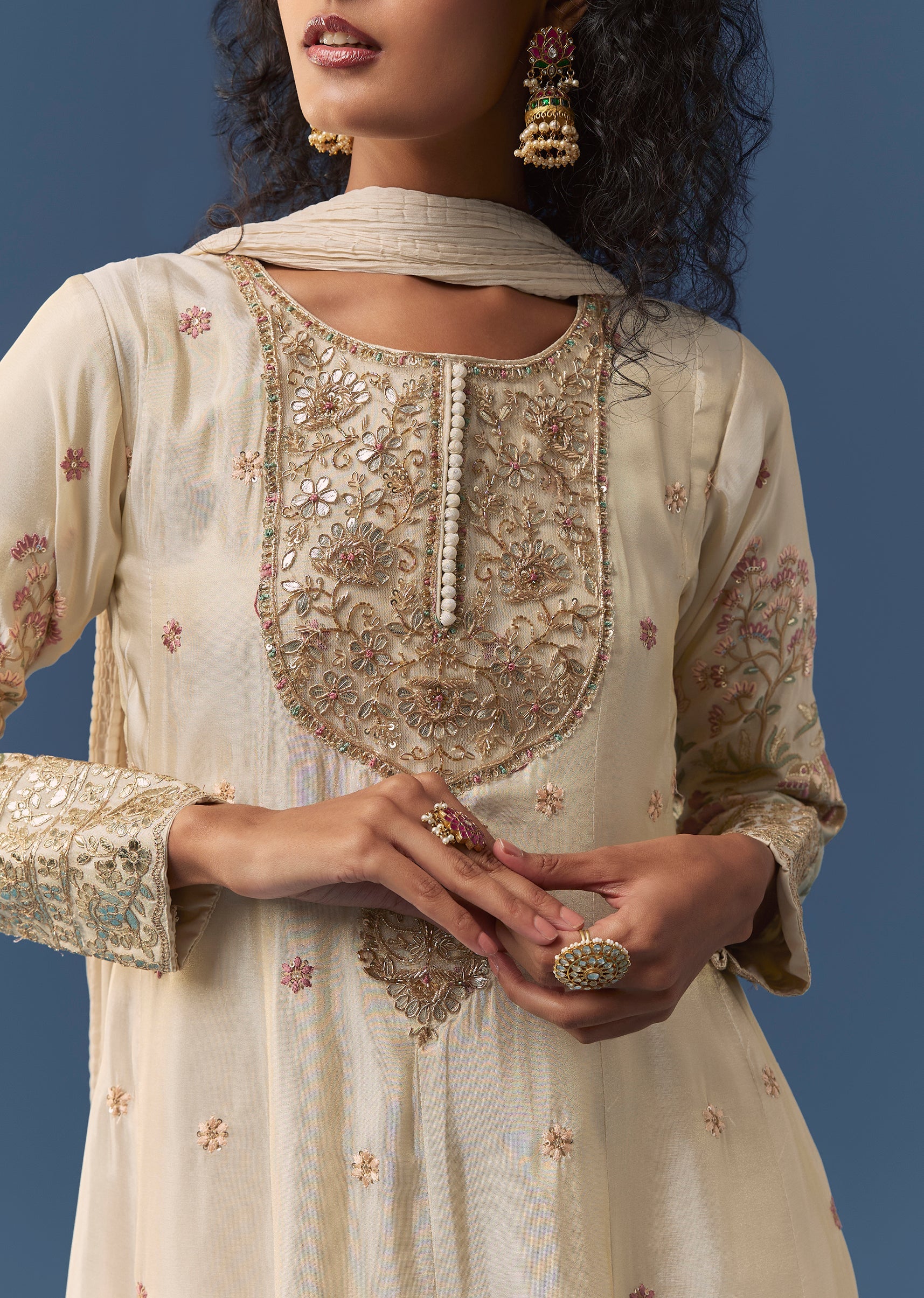 Cream A-Line Resham Embroidered Anarkali Set