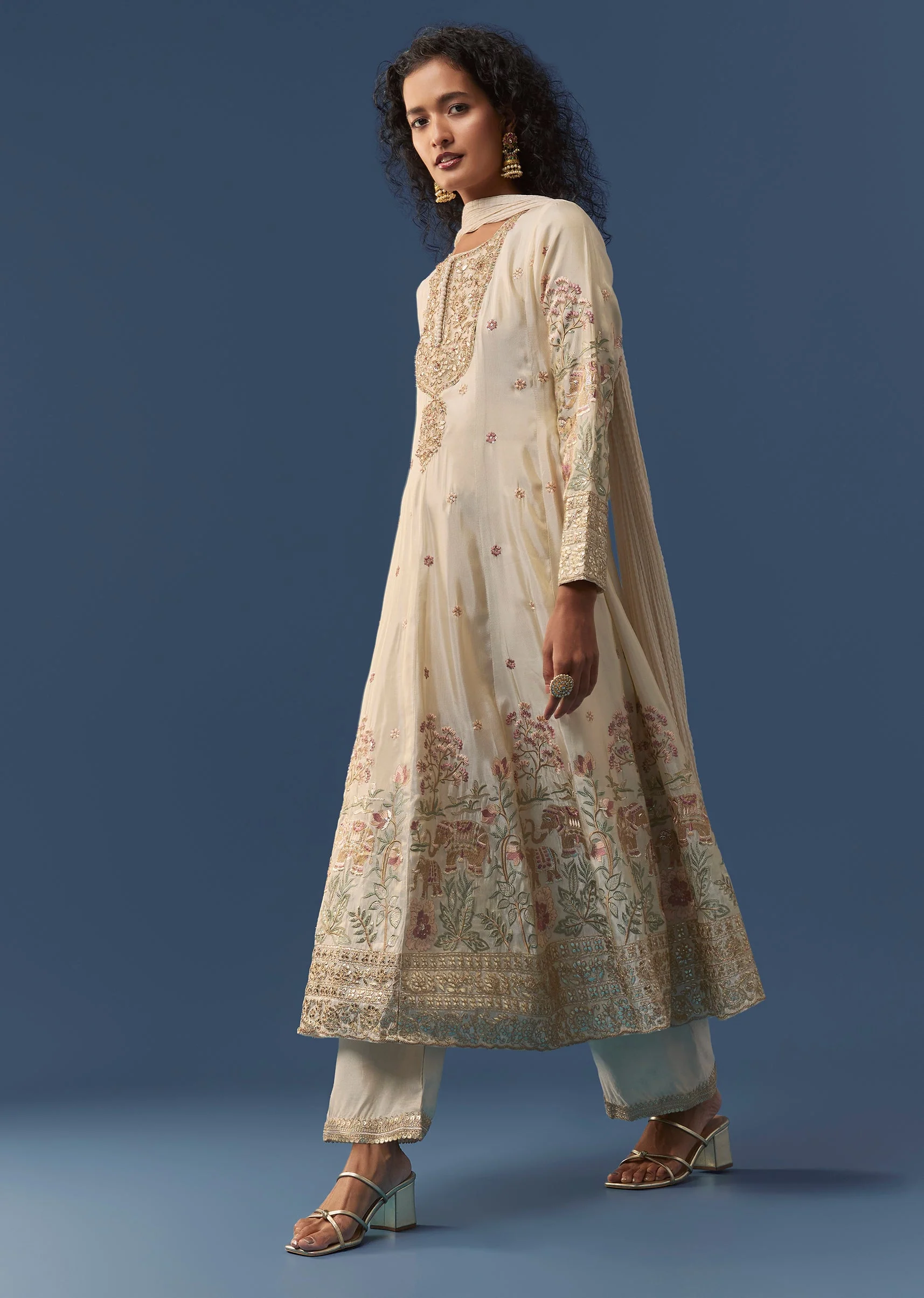 Cream A-Line Resham Embroidered Anarkali Set