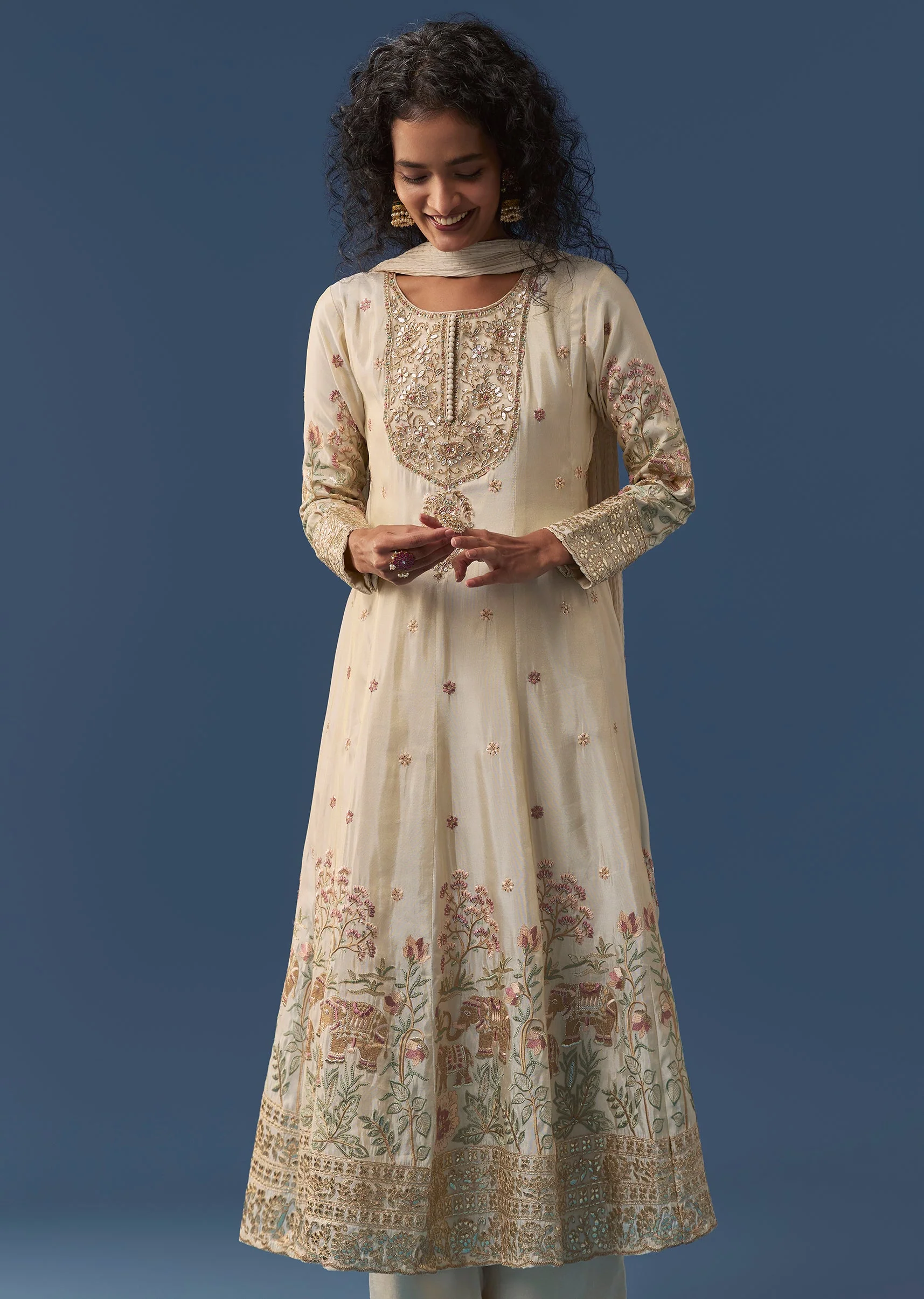 Cream A-Line Resham Embroidered Anarkali Set