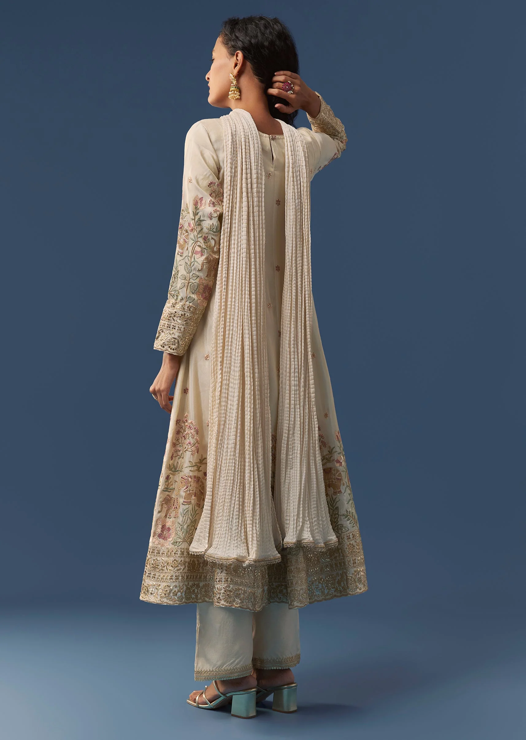 Cream A-Line Resham Embroidered Anarkali Set