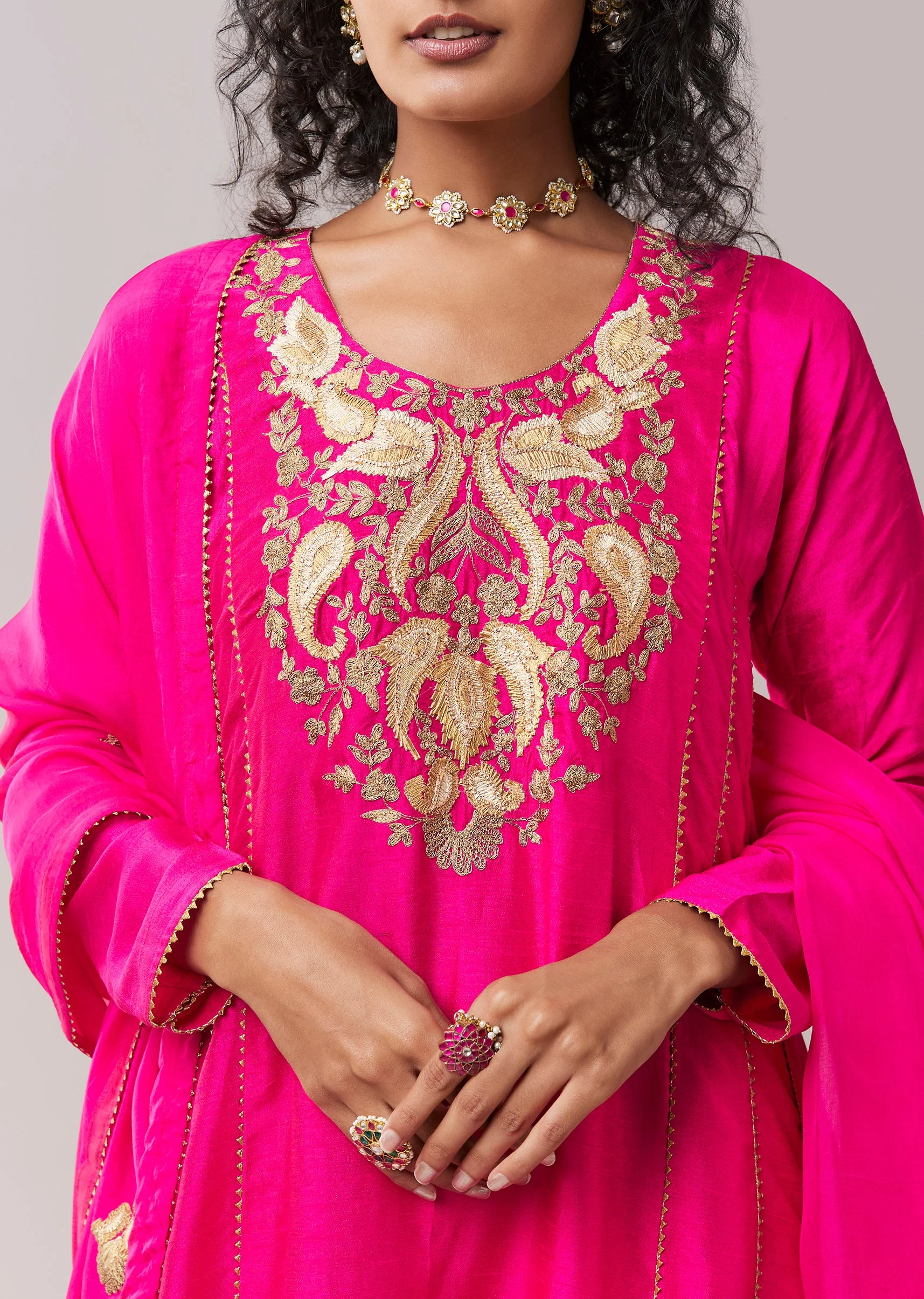 Hot Pink Gota Work Silk Anarkali Set