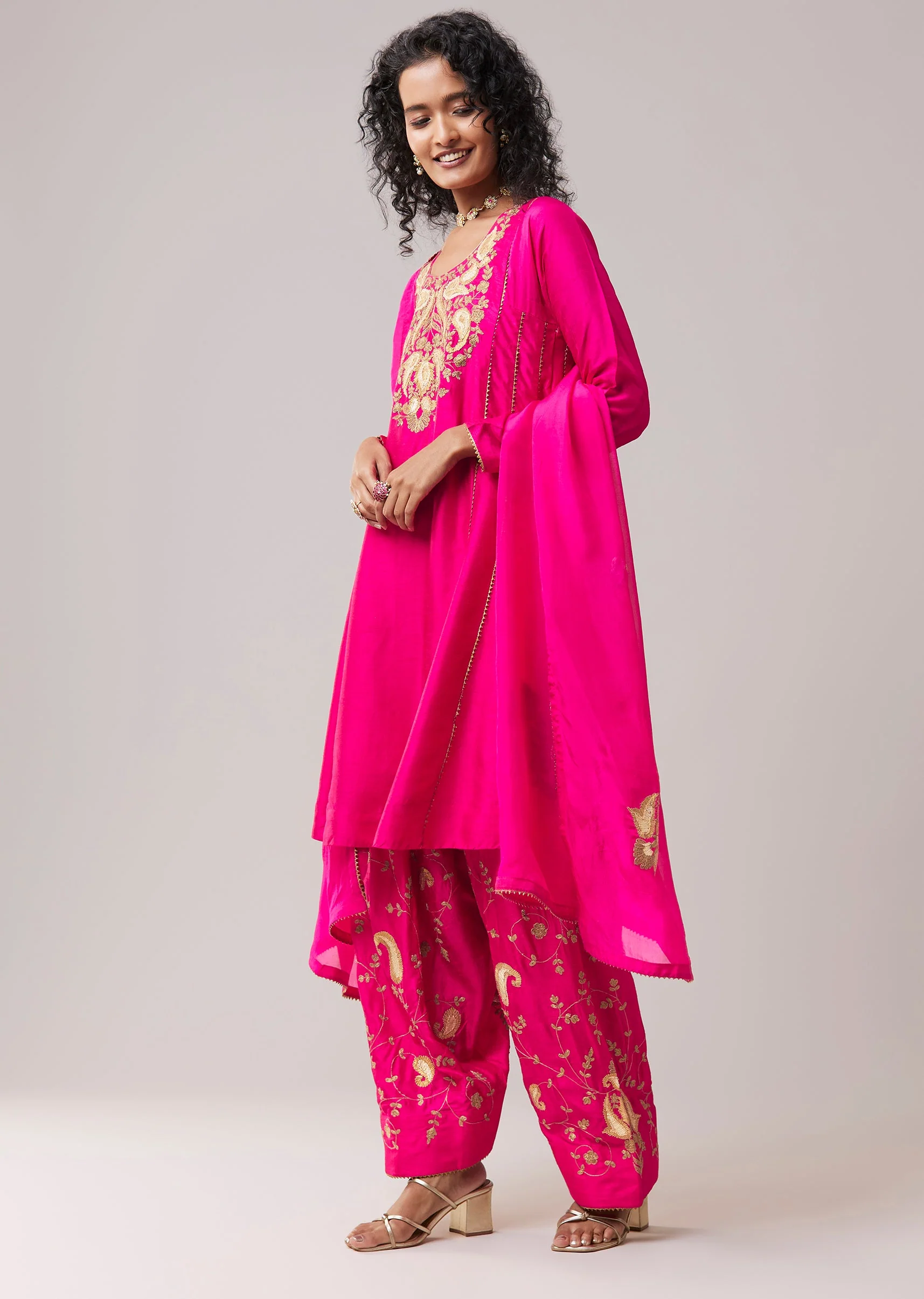Hot Pink Gota Work Silk Anarkali Set