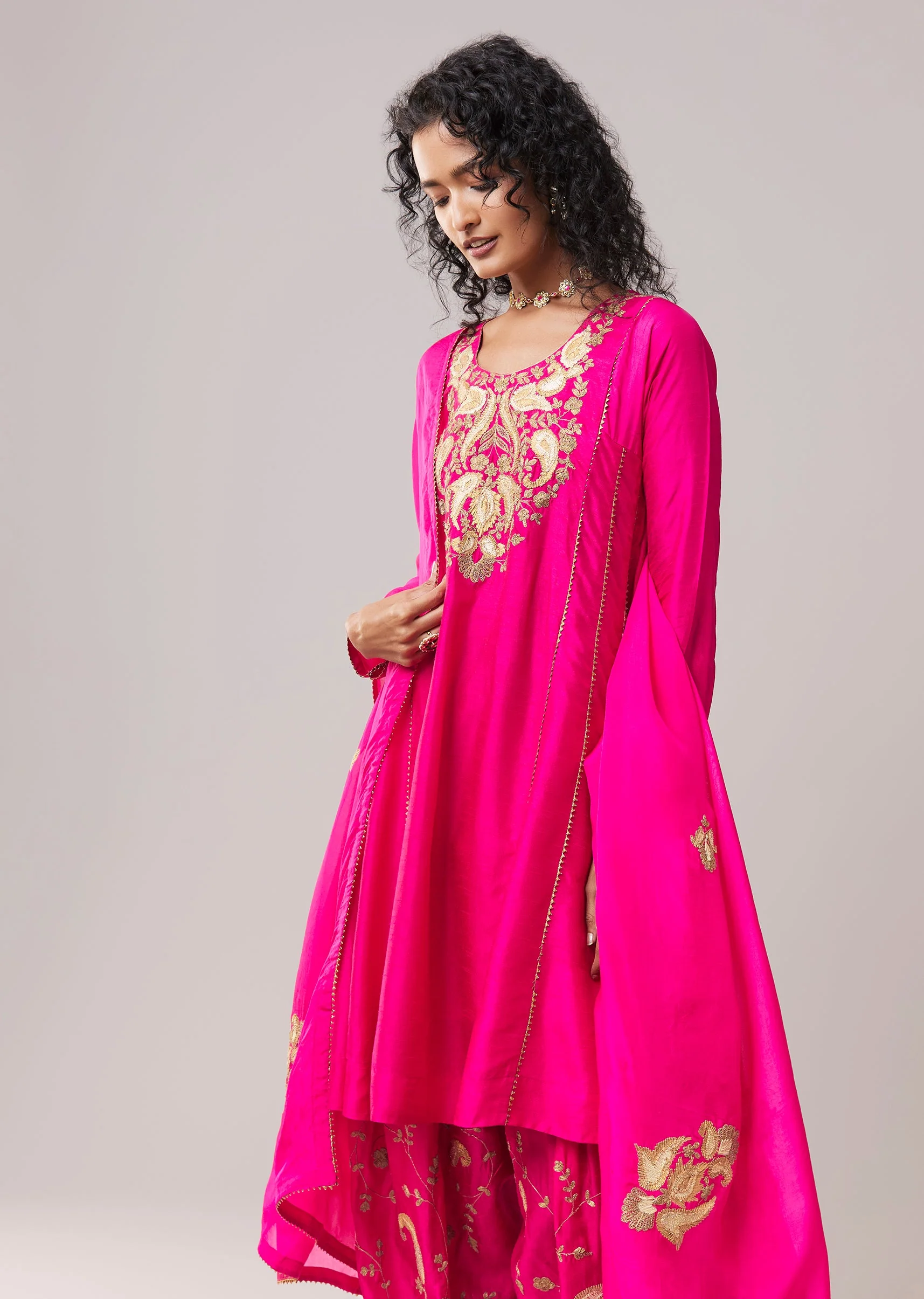 Hot Pink Gota Work Silk Anarkali Set