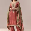 Peach Beaded Tissue Anarkali Suit Set With Pant And Dupatta