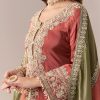 Peach Beaded Tissue Anarkali Suit Set With Pant And Dupatta
