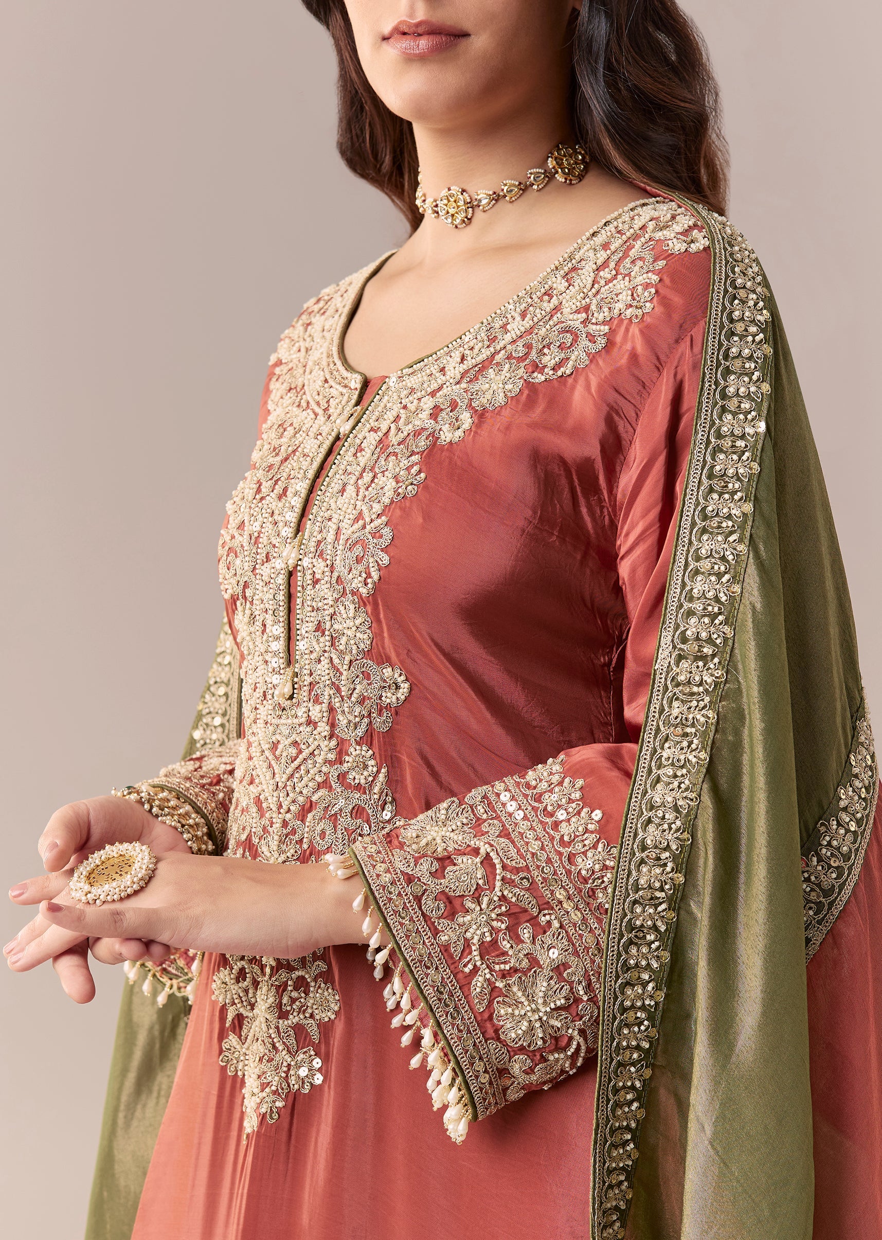 Peach Beaded Tissue Anarkali Suit Set With Pant And Dupatta