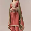 Peach Beaded Tissue Anarkali Suit Set With Pant And Dupatta