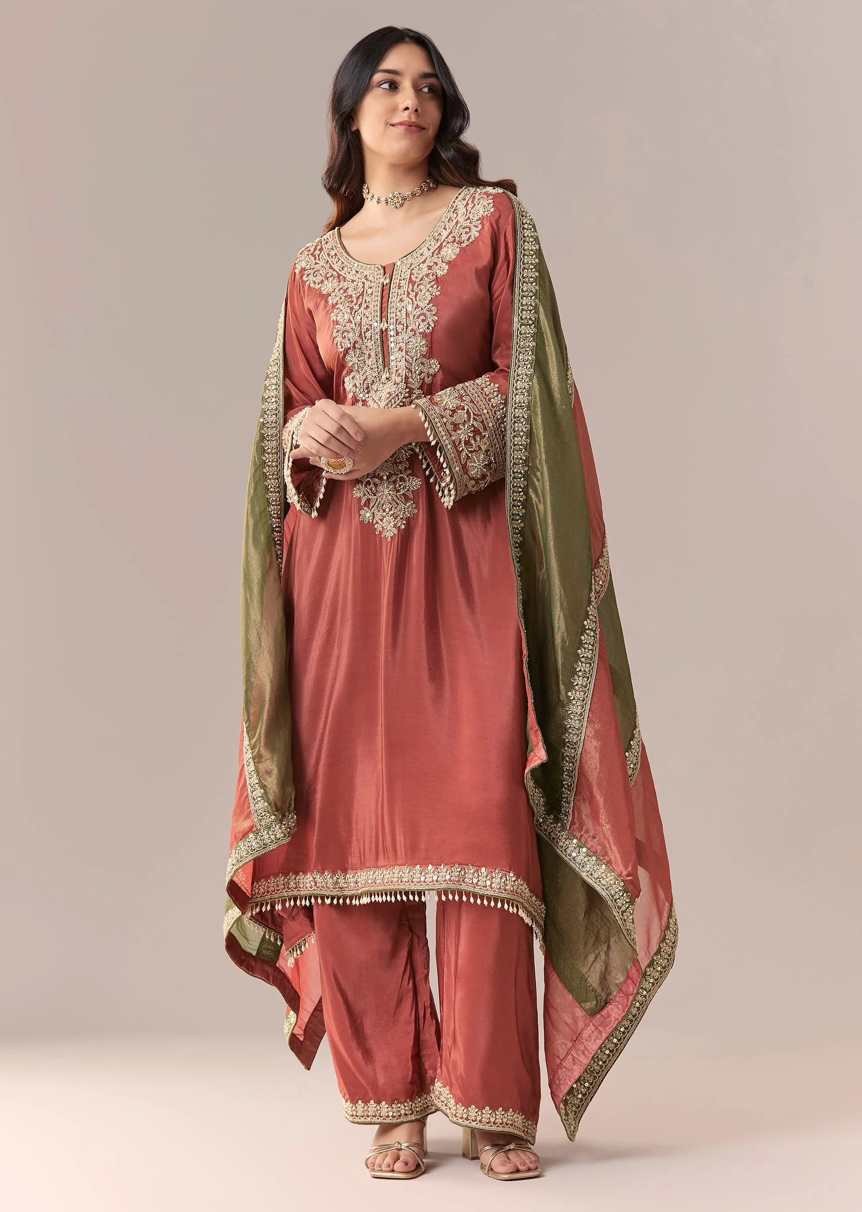 Peach Beaded Tissue Anarkali Suit Set With Pant And Dupatta