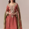 Peach Beaded Tissue Anarkali Suit Set With Pant And Dupatta