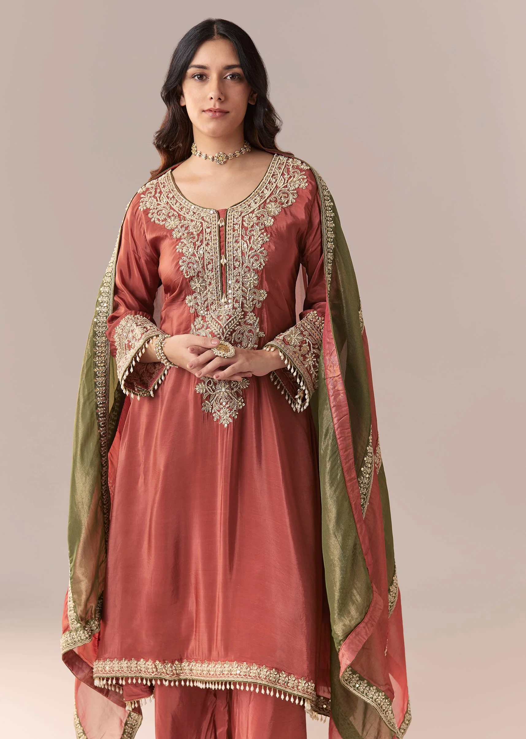 Peach Beaded Tissue Anarkali Suit Set With Pant And Dupatta