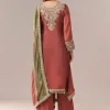 Peach Beaded Tissue Anarkali Suit Set With Pant And Dupatta