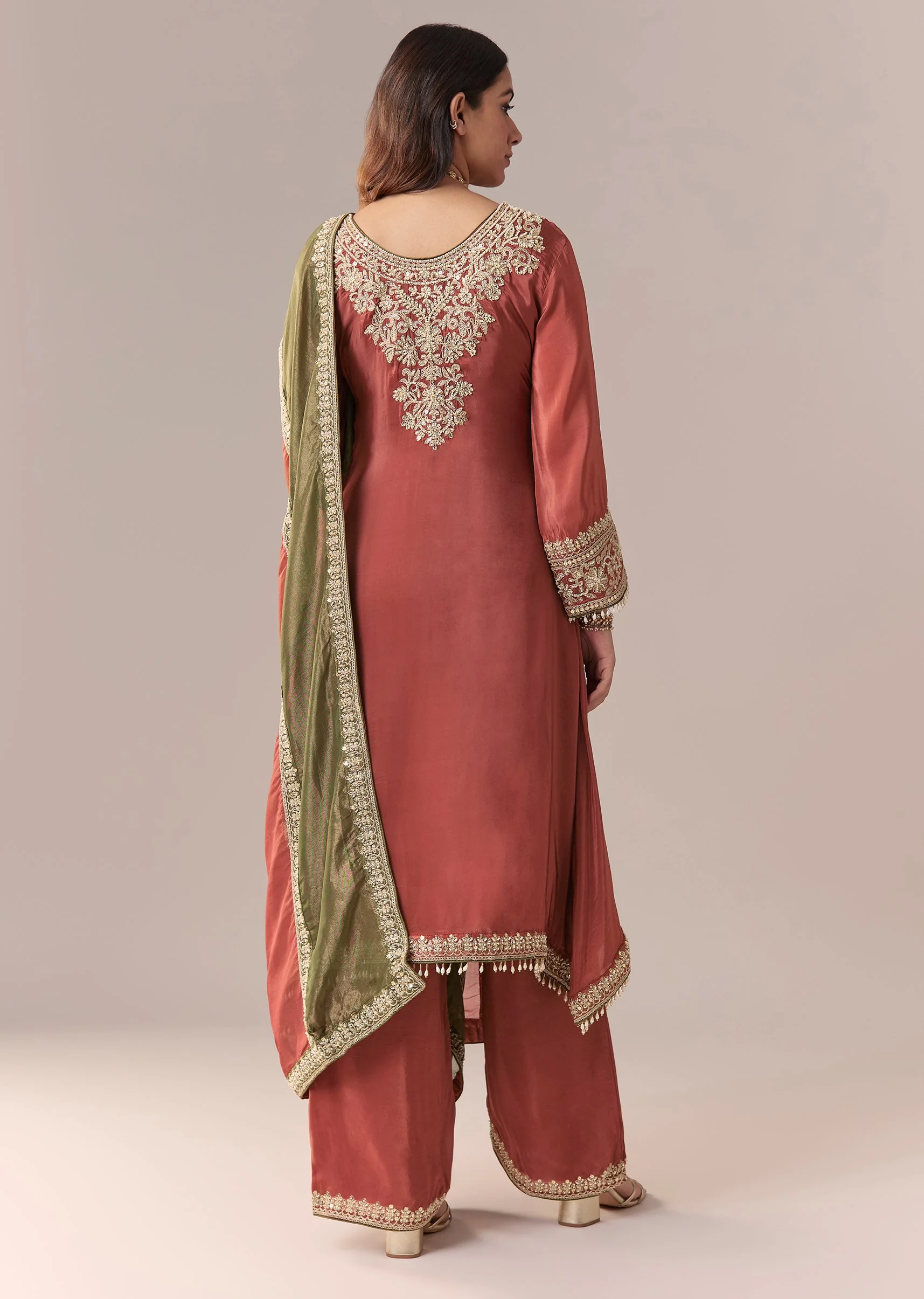 Peach Beaded Tissue Anarkali Suit Set With Pant And Dupatta