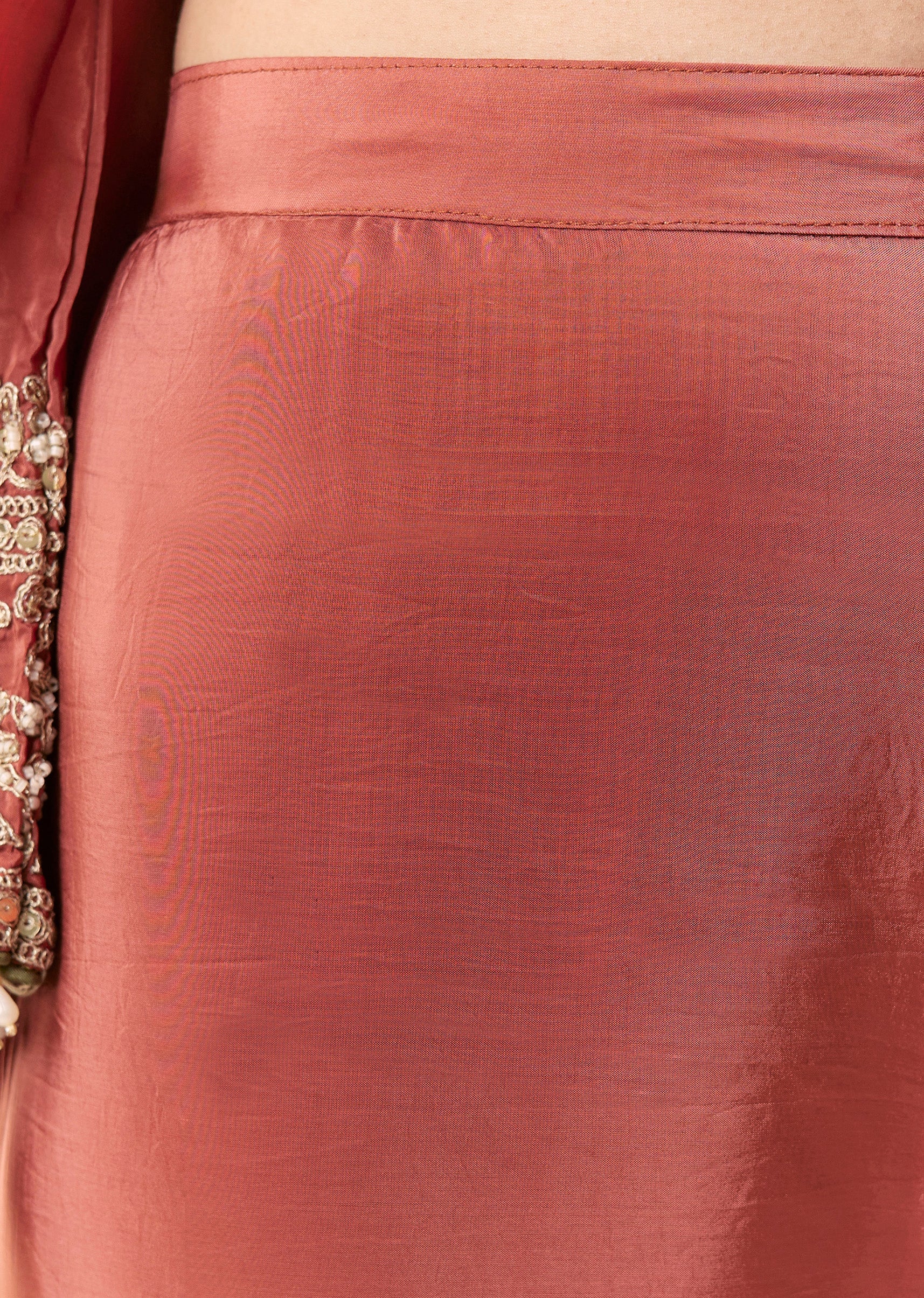 Peach Beaded Tissue Anarkali Suit Set With Pant And Dupatta