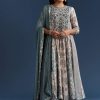 Off White Blue Muslin Anarkali With Print Detail