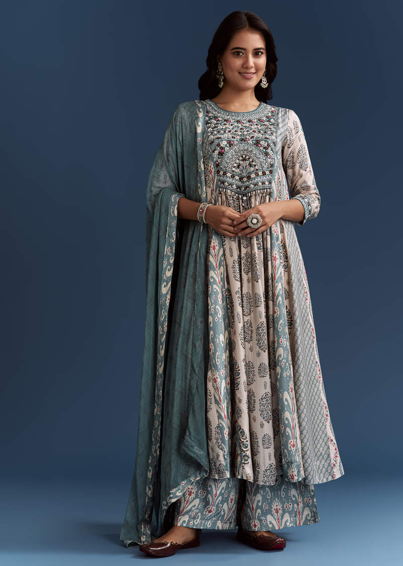 19924-off-white-blue-muslin-anarkali-with-print-detail-1.jpg Off White Blue Muslin Anarkali With Print Detail