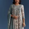 Off White Blue Muslin Anarkali With Print Detail