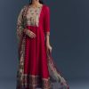 Red Dola Silk Printed Anarkali Suit With Intricate Hand Embroidery