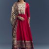 Red Dola Silk Printed Anarkali Suit With Intricate Hand Embroidery