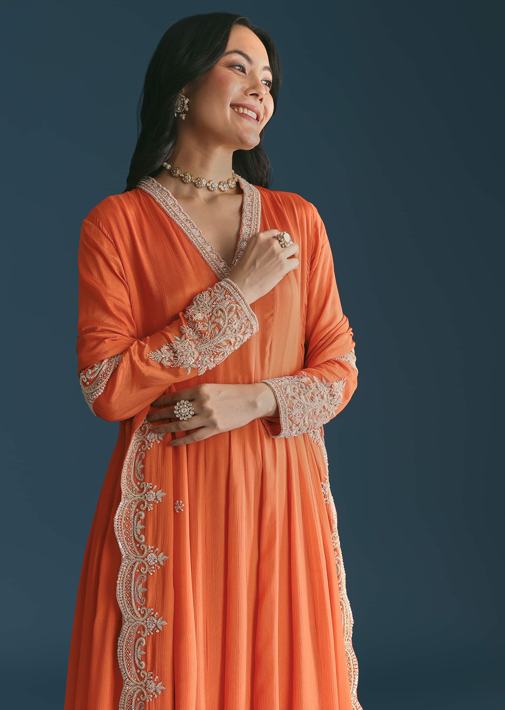 19944-orange-chinon-anarkali-suit-with-embroidered-dupatta-1.jpg Orange Chinon Anarkali Suit With Embroidered Dupatta