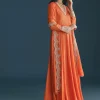 Orange Chinon Anarkali Suit With Embroidered Dupatta