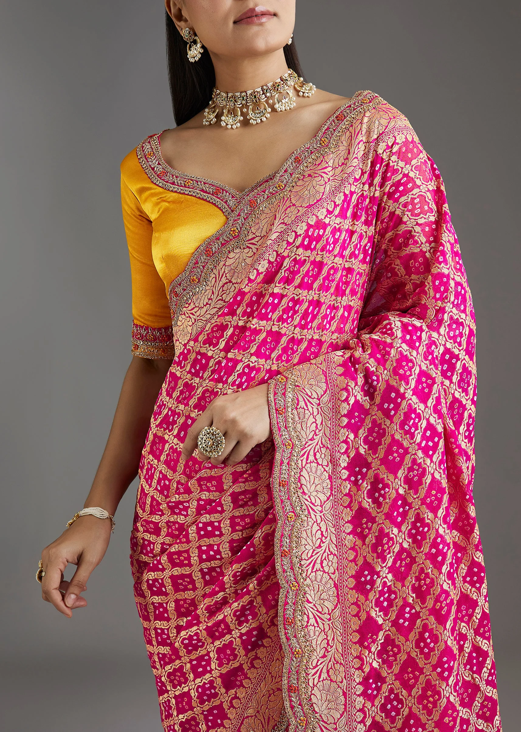 Rani Pink Khadi Georgette Saree With Satin Blouse