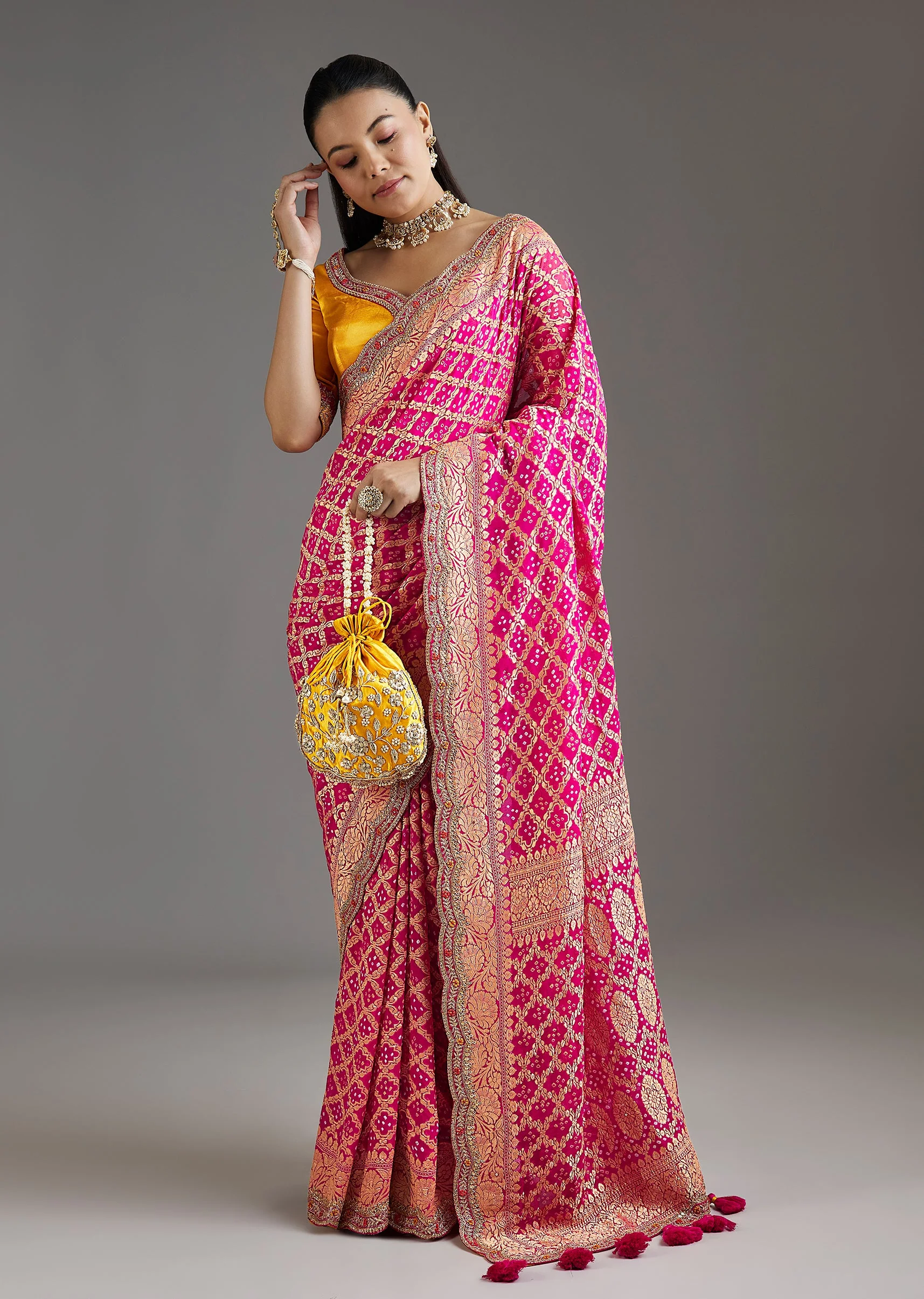 Rani Pink Khadi Georgette Saree With Satin Blouse