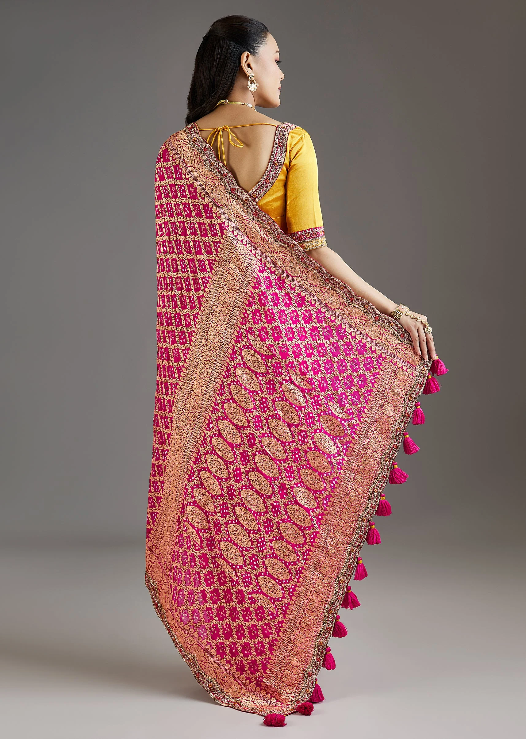 Rani Pink Khadi Georgette Saree With Satin Blouse