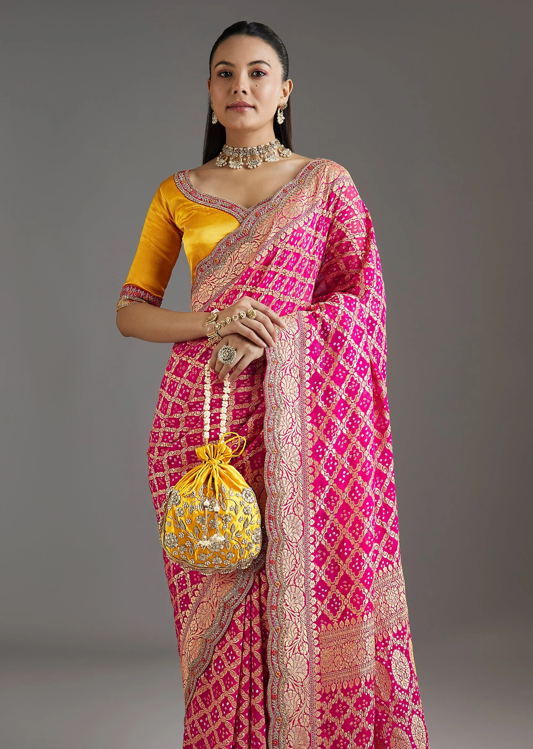Rani Pink Khadi Georgette Saree With Satin Blouse