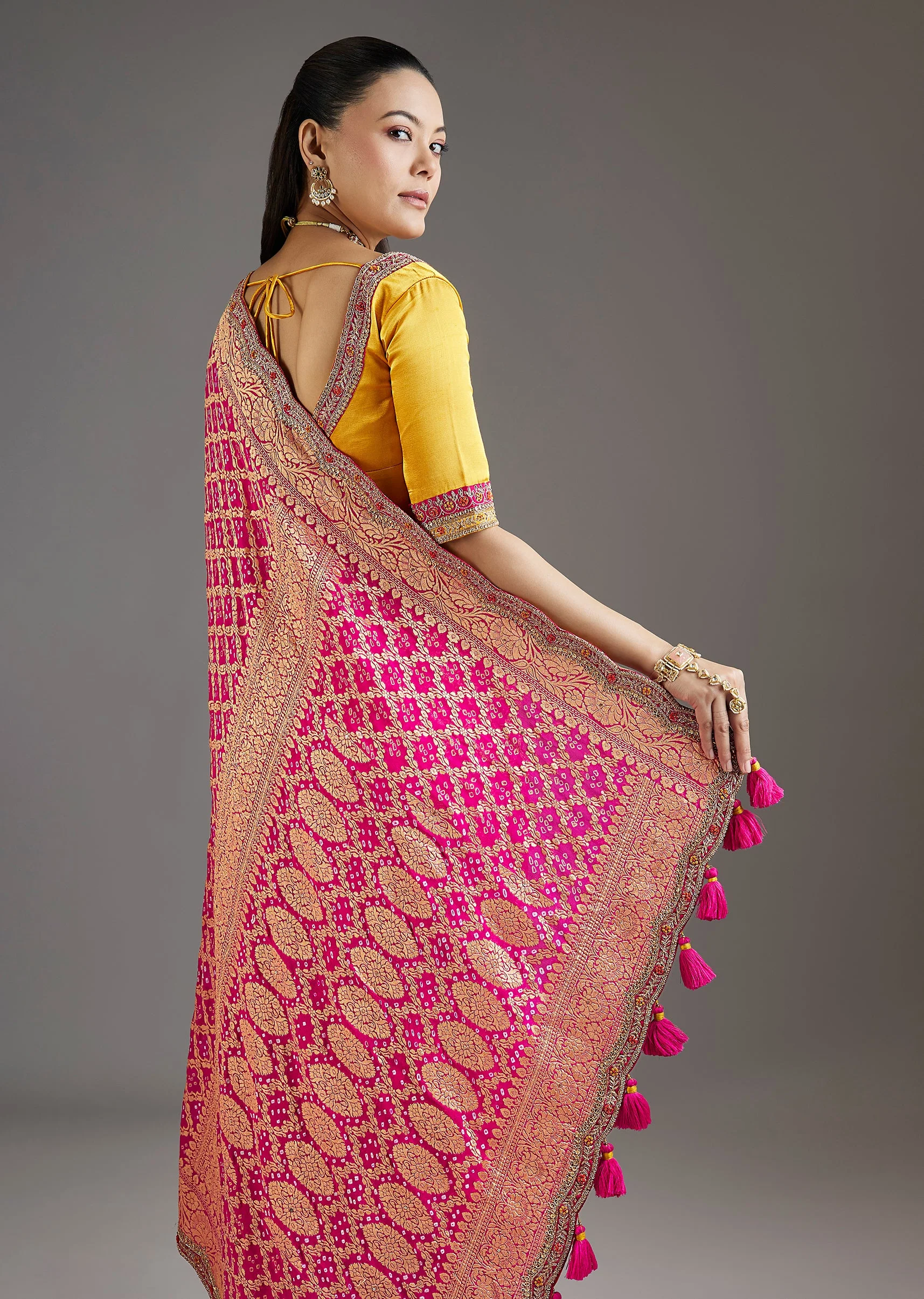 Rani Pink Khadi Georgette Saree With Satin Blouse