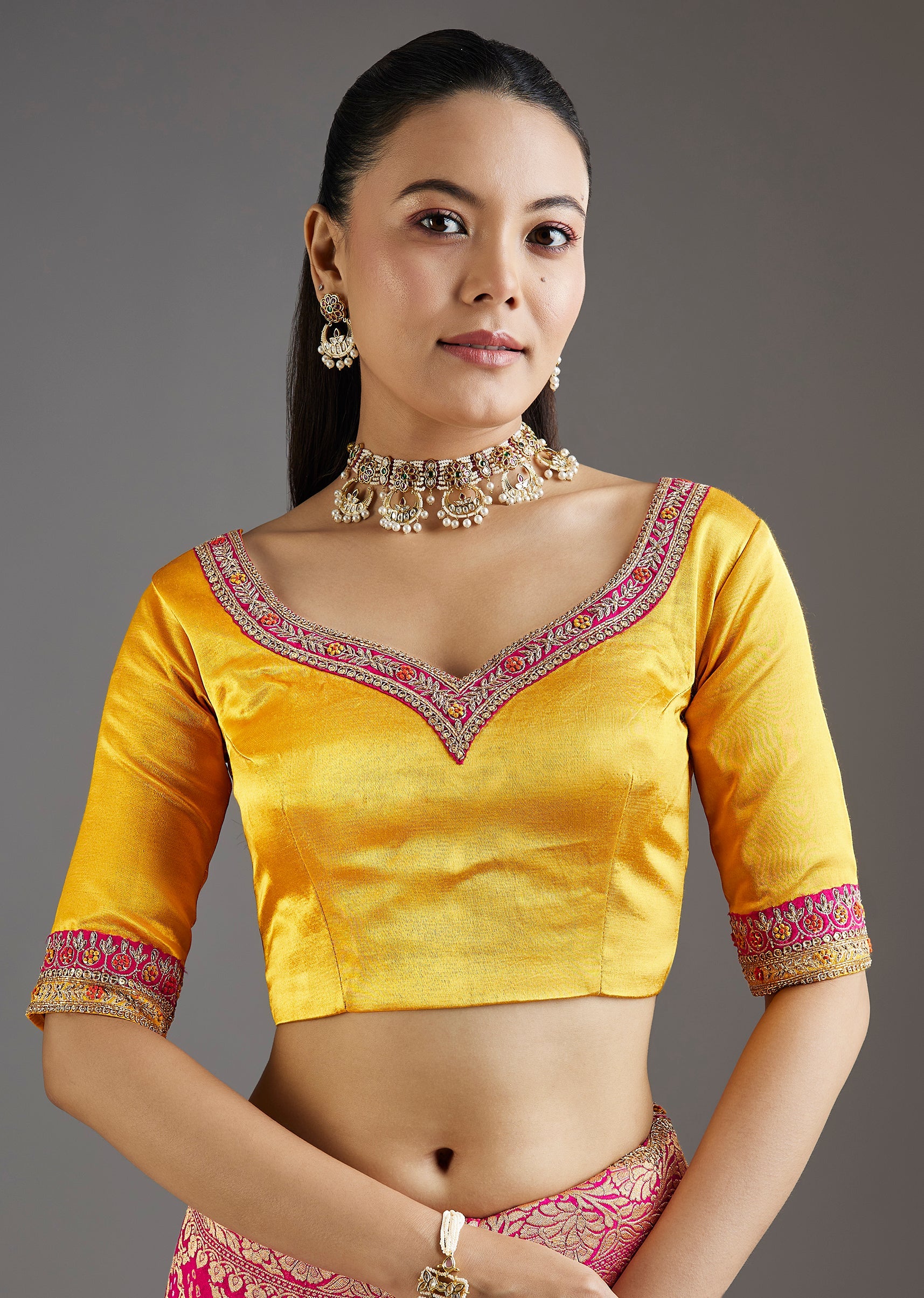 Rani Pink Khadi Georgette Saree With Satin Blouse