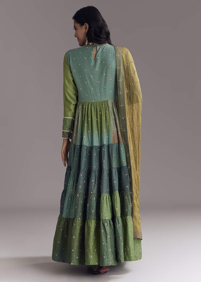 Multi Color Printed Chanderi Anarkali With Stitch Work