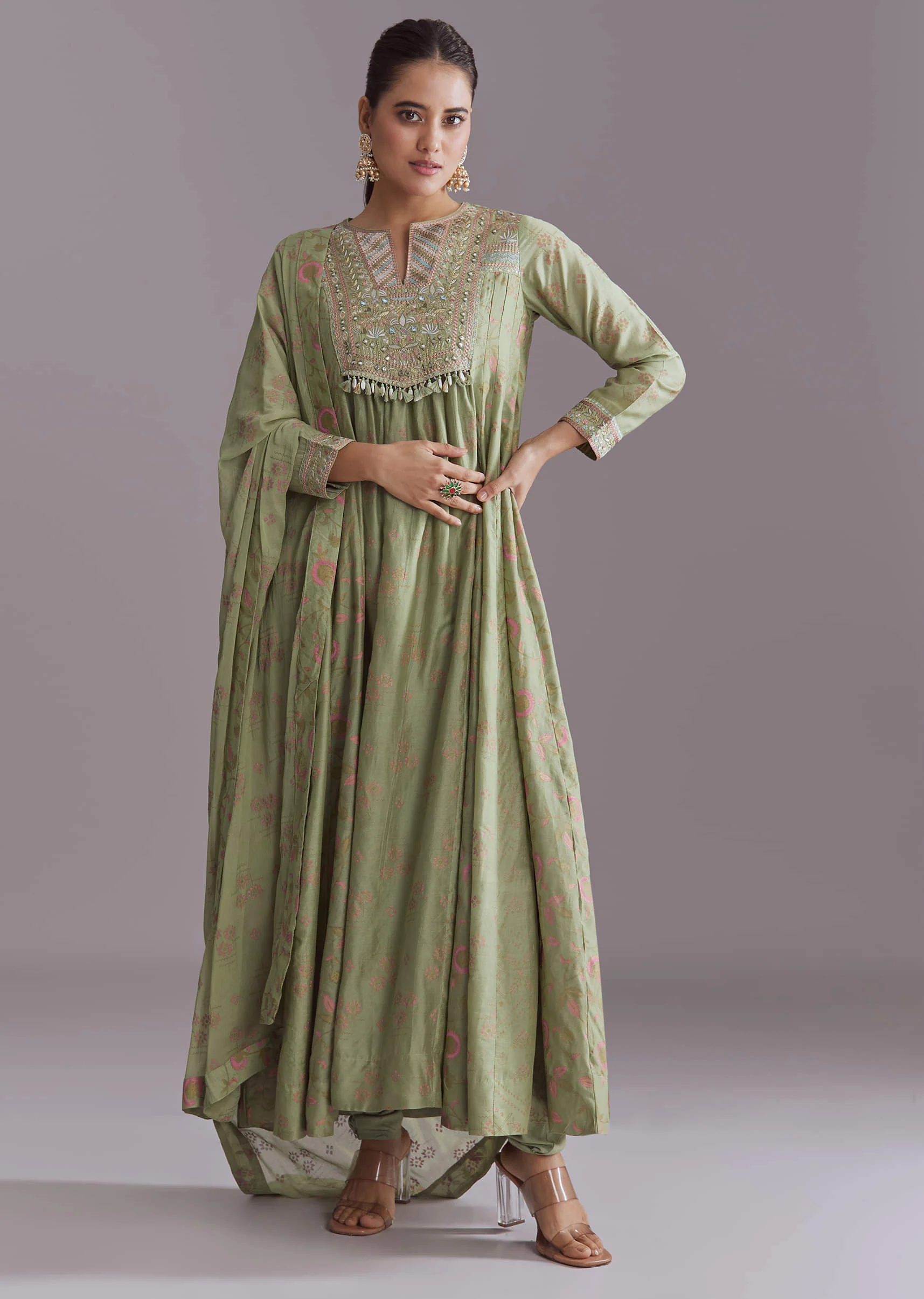 20011-green-chanderi-anarkali-suit-with-boho-prints-1.webp Green Chanderi Anarkali Suit With Boho Prints