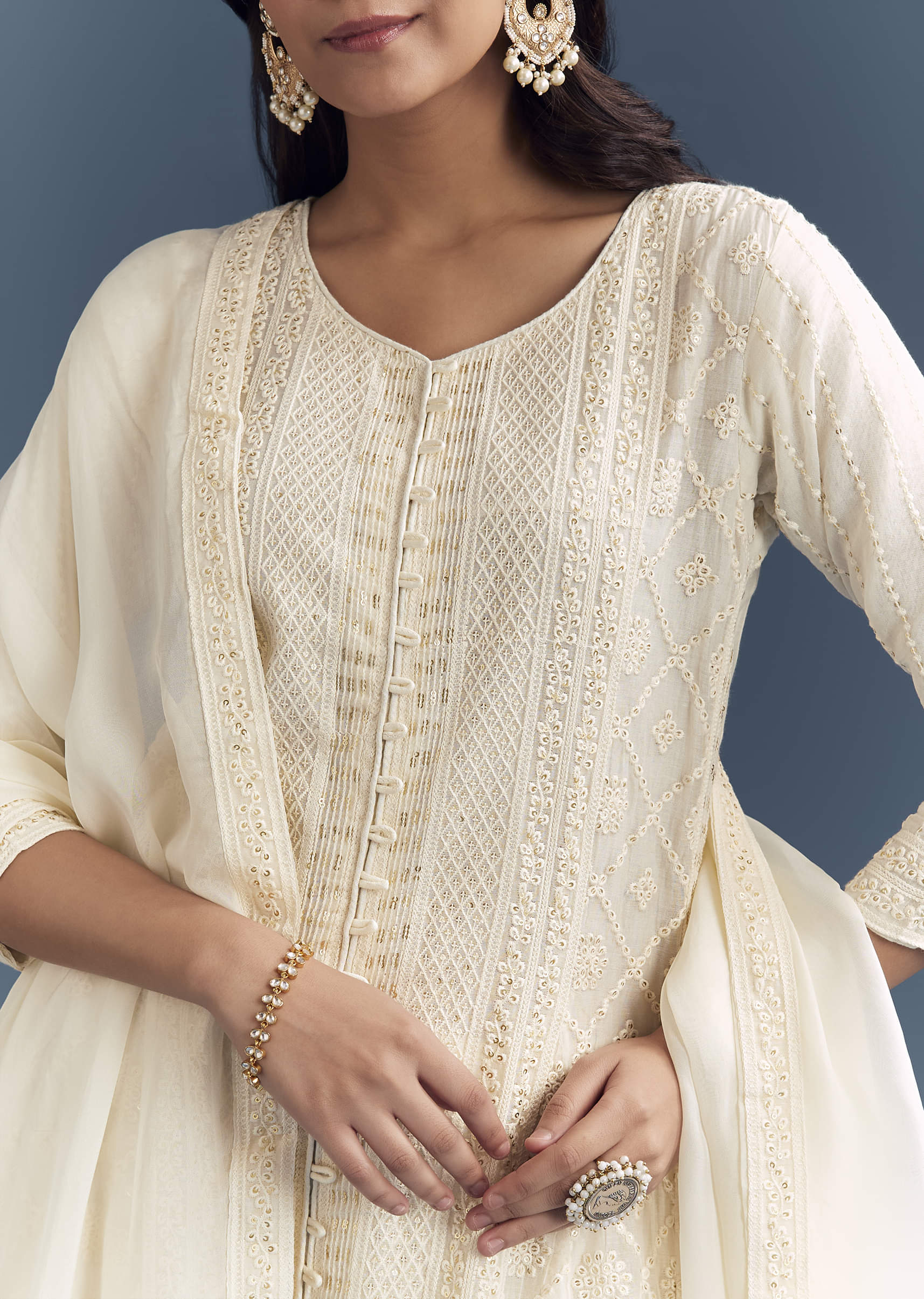 Ivory Chanderi Anarkali Suit With Thread And Sequins Embroidery