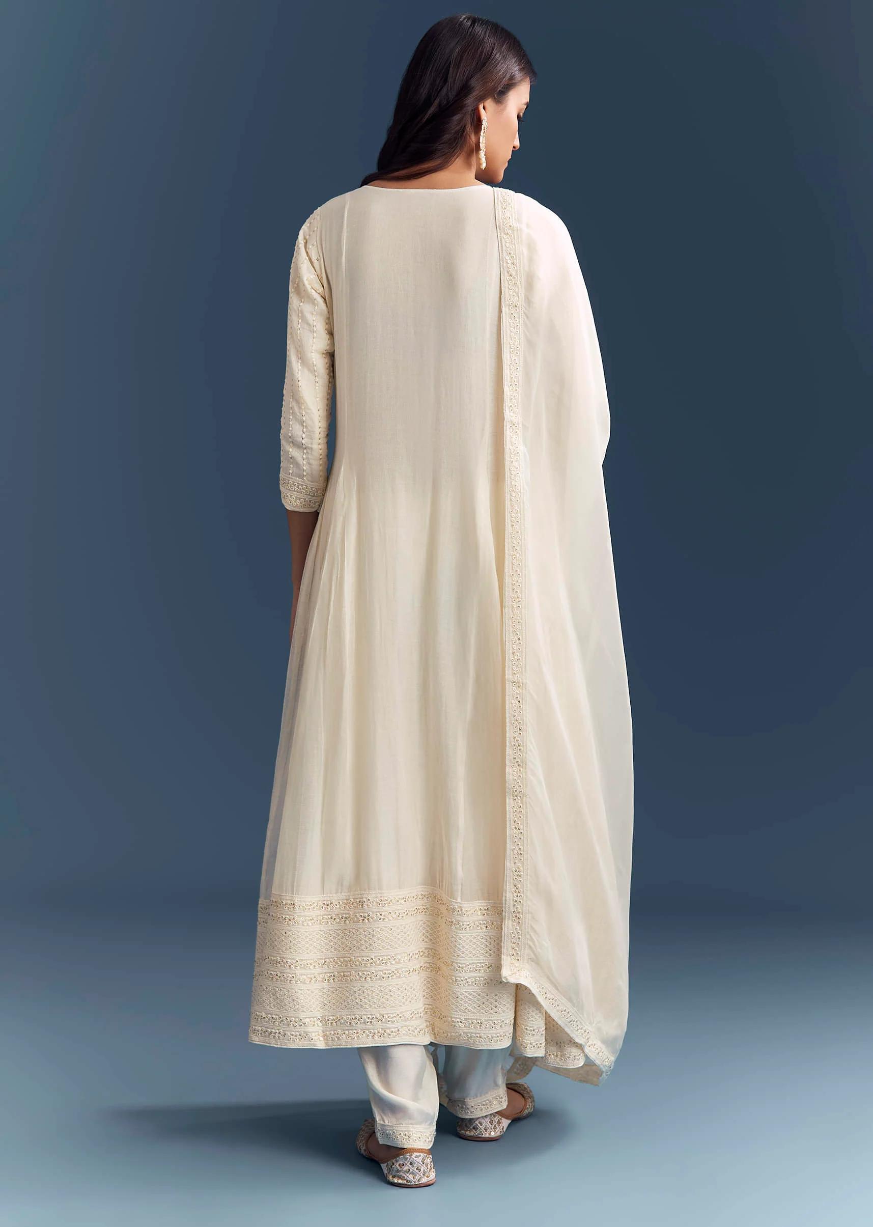 Ivory Chanderi Anarkali Suit With Thread And Sequins Embroidery