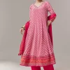 Pink Anarkali Suit In Chevron Print With Mirror Moti And Stone Work And Dupatta