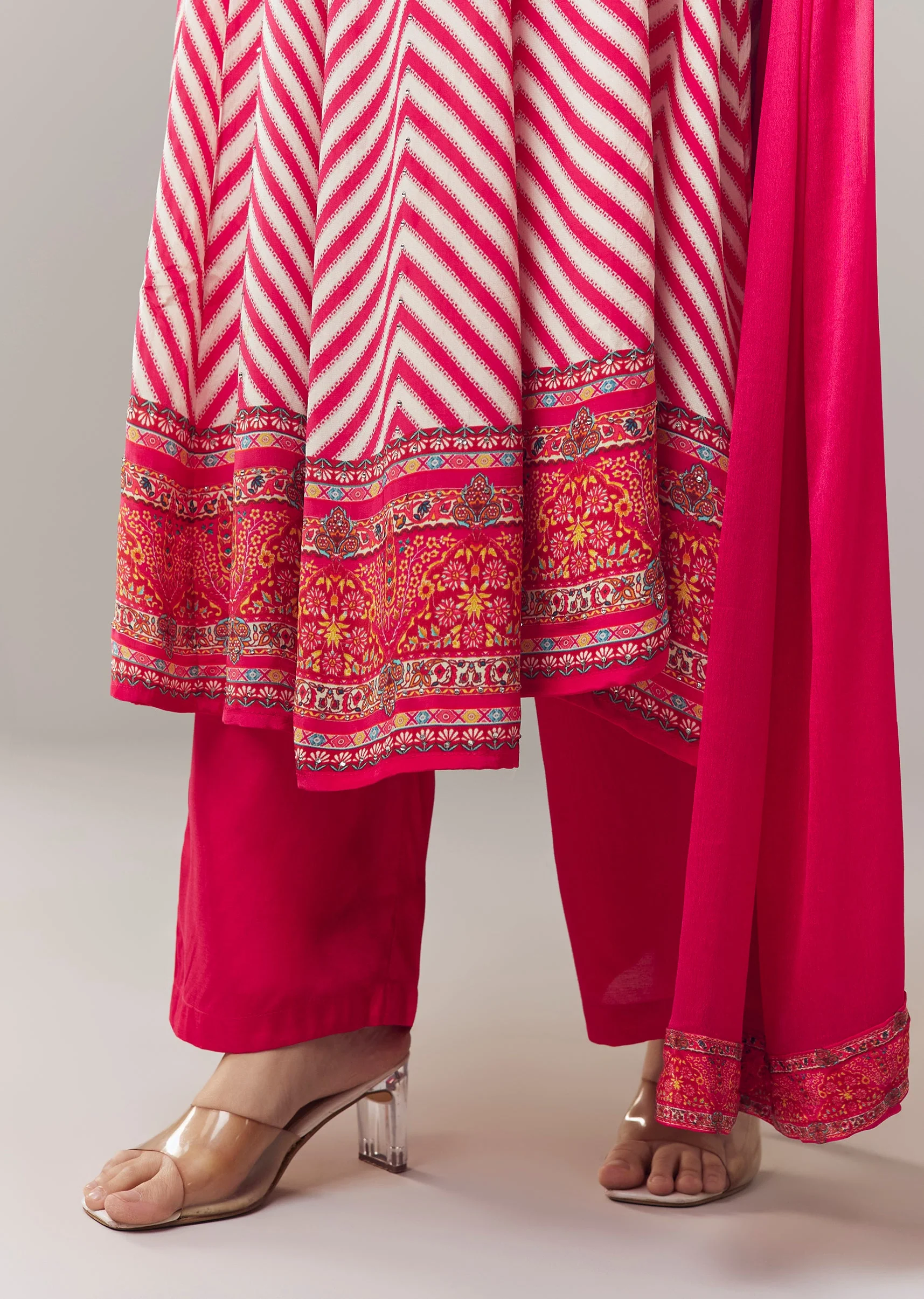 Pink Anarkali Suit In Chevron Print With Mirror Moti And Stone Work And Dupatta