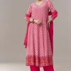 Pink Anarkali Suit In Chevron Print With Mirror Moti And Stone Work And Dupatta