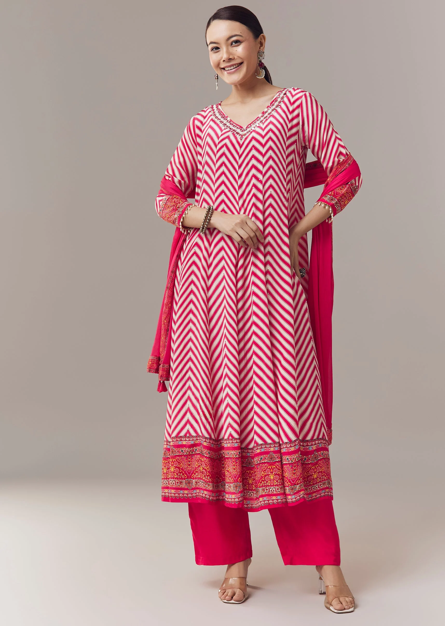 Pink Anarkali Suit In Chevron Print With Mirror Moti And Stone Work And Dupatta