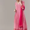 Pink Anarkali Suit In Chevron Print With Mirror Moti And Stone Work And Dupatta